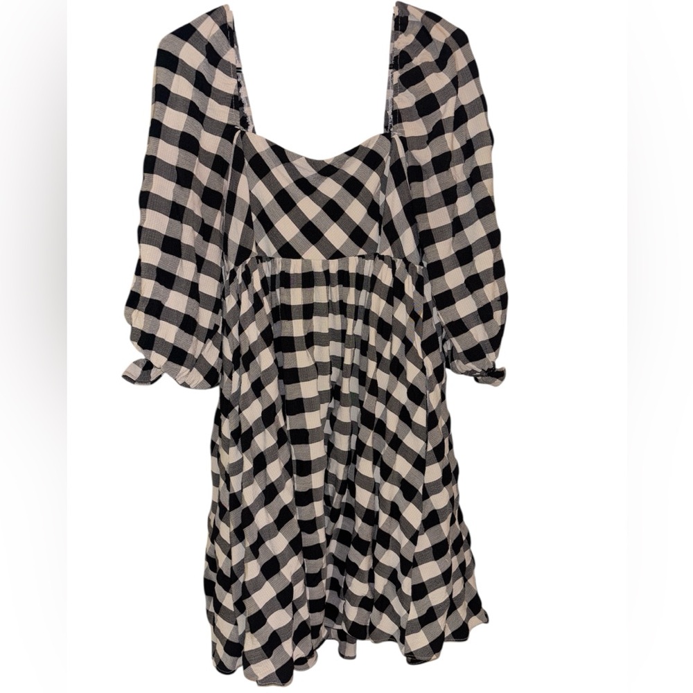 Storia Jolie Gingham Babydoll Dress Plaid Mini Black White Square Neck Large